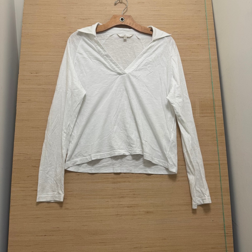 Banana Republic Womens White Slub Knit V-Neck Polo Long Sleeve Top Small